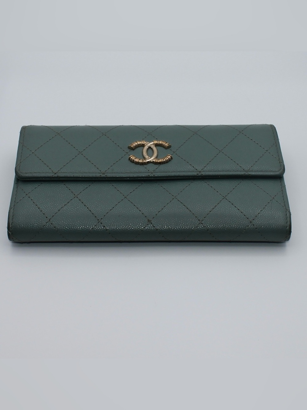 CHANEL Quilted Caviar Leather Wallet in Deep Teal with Gold CC